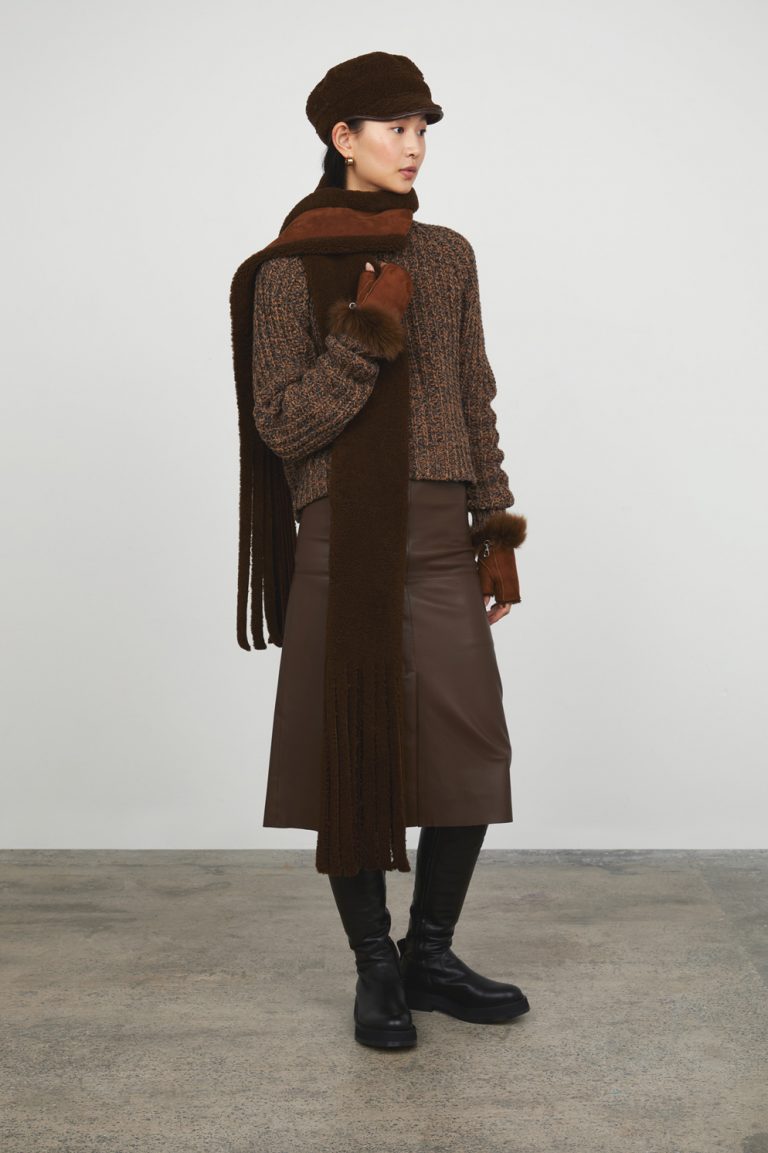 Chestnut Brown Cuffed Mini Shearling Mittens gushlow and cole - model full length scarf and mittens