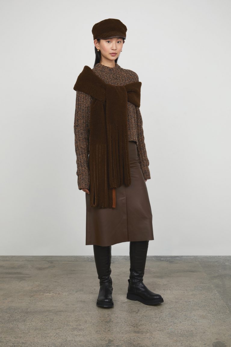 Chestnut Brown Hackney Shearling Cap gushlow and cole - model full length with scarf