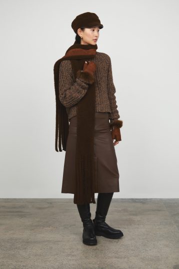 Chestnut Brown Long Fringed Shearling Scarf gushlow and cole - model full length mittens and hat