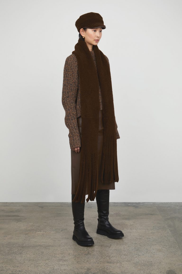 Chestnut Brown Long Fringed Shearling Scarf gushlow and cole - model full length scarf down