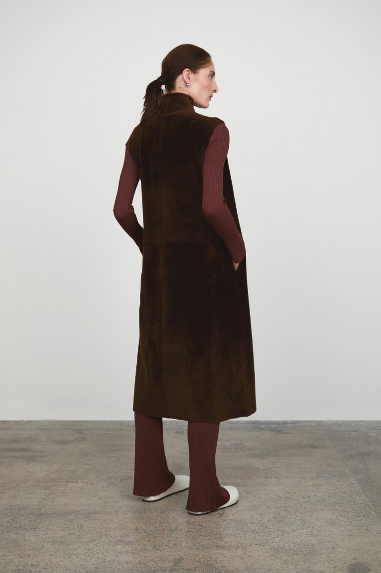Chestnut Brown Longline Crombie Shearling Gilet gushlow and cole - model full length back