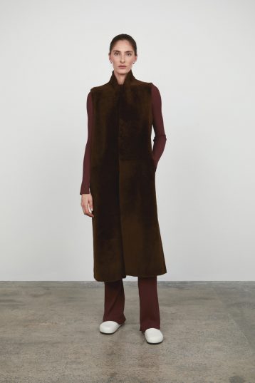 Chestnut Brown Longline Crombie Shearling Gilet gushlow and cole - model full length front