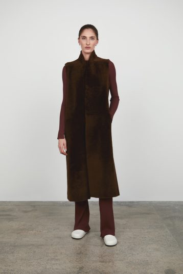Chestnut Brown Longline Crombie Shearling Gilet gushlow and cole - model full length front