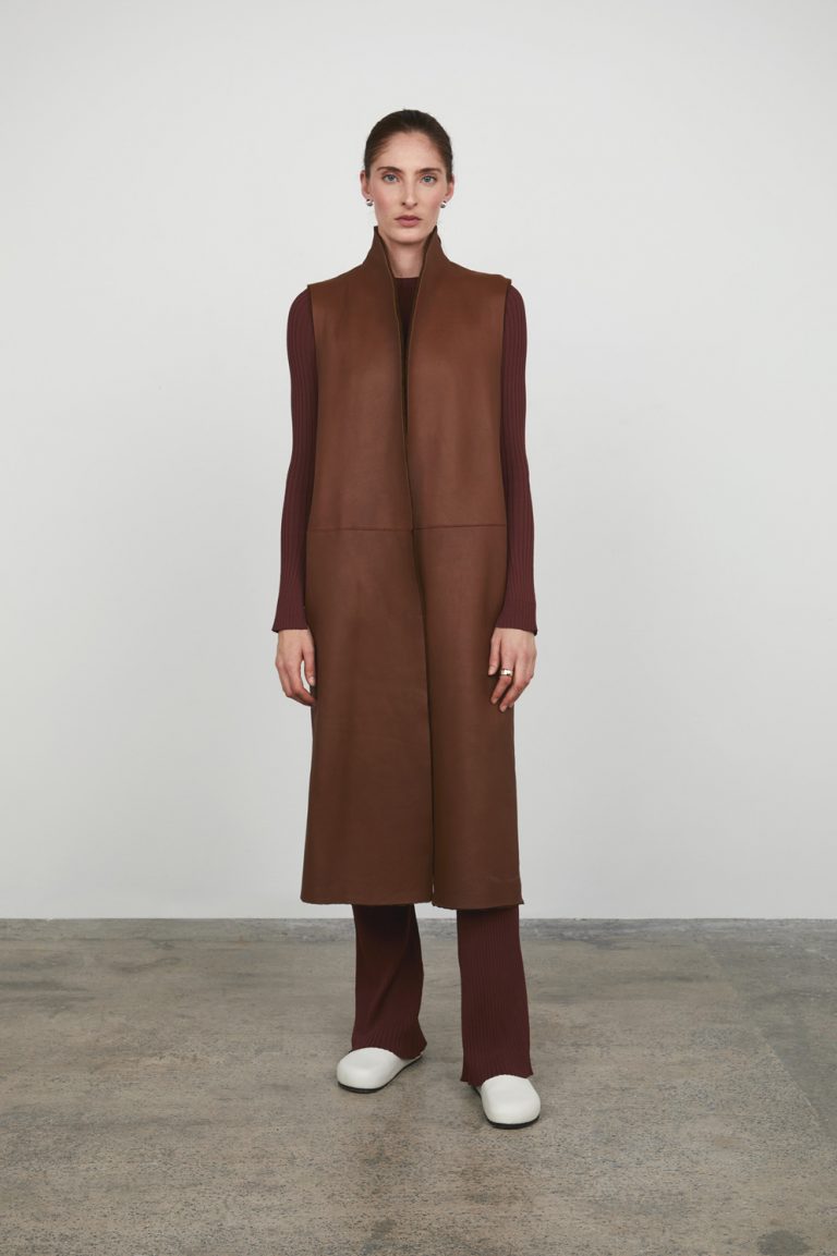 Chestnut Brown Longline Crombie Shearling Gilet gushlow and cole - model full length wool in front