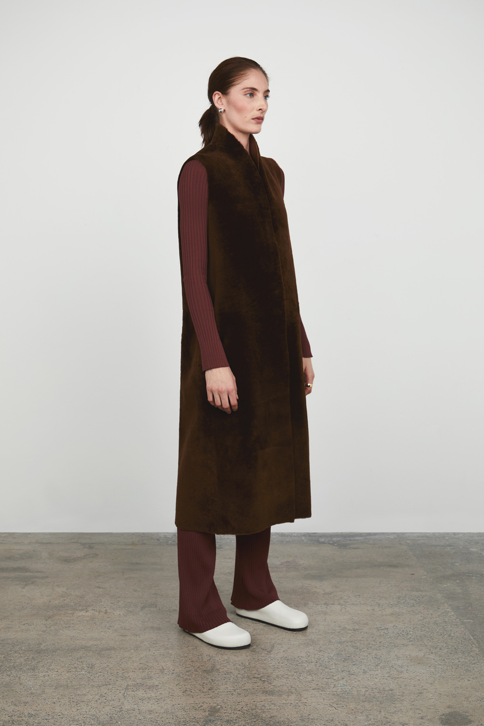 Chestnut Brown Longline Crombie Shearling Gilet | Womens | Gushlow & Cole