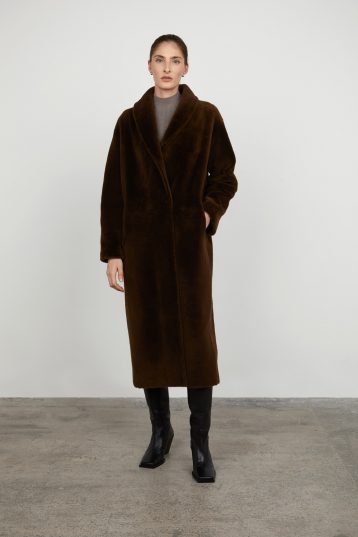 Chestnut Brown Longline Neat Shearling Shawl Coat gushlow and cole - model full length wool out