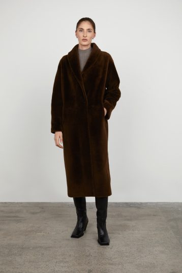 Chestnut Brown Longline Neat Shearling Shawl Coat gushlow and cole - model full length wool out