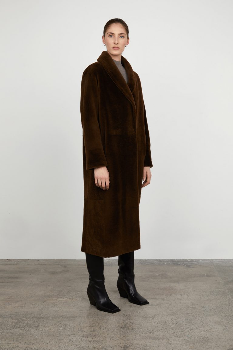 Chestnut Brown Longline Neat Shearling Shawl Coat gushlow and cole - model full side length wool out