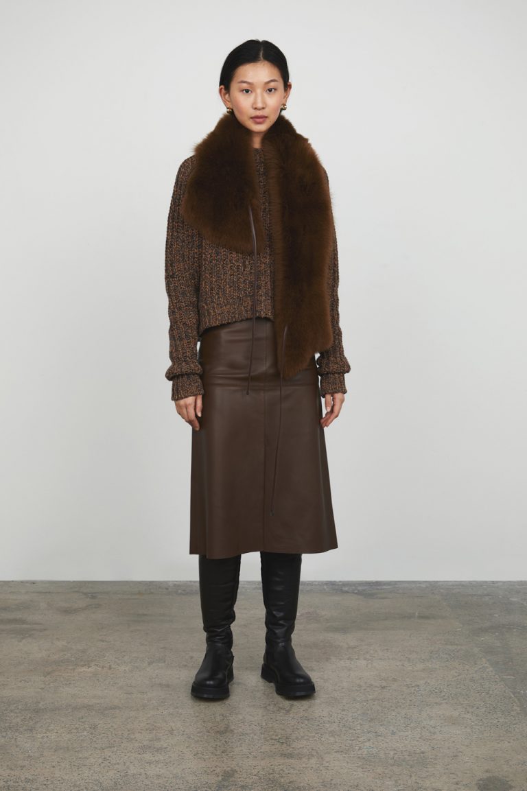 Chestnut Brown Shearling Shawl Scarf gushlow and cole - model full length untied