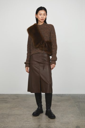 Chestnut Brown Shearling Shawl Scarf gushlow and cole - model full length sash