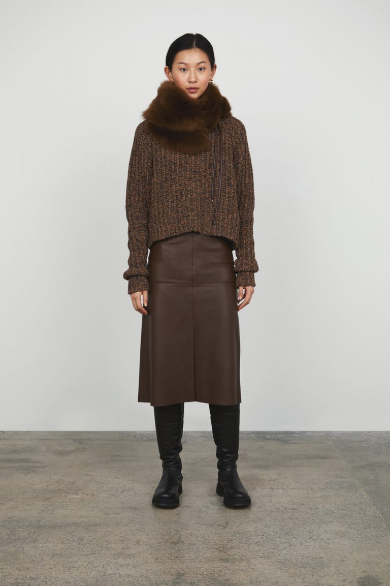 Chestnut Brown Shearling Shawl Scarf gushlow and cole - model full length snood