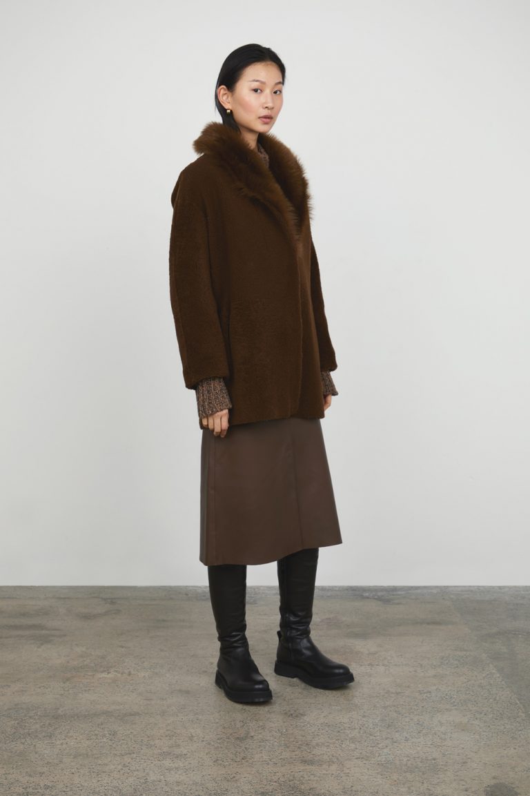 Chestnut Brown Short Shearling Taper Coat gushlow and cole womens shearling model side