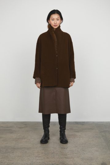 Chestnut Brown Short Shearling Taper Coat gushlow and cole womens shearling model front