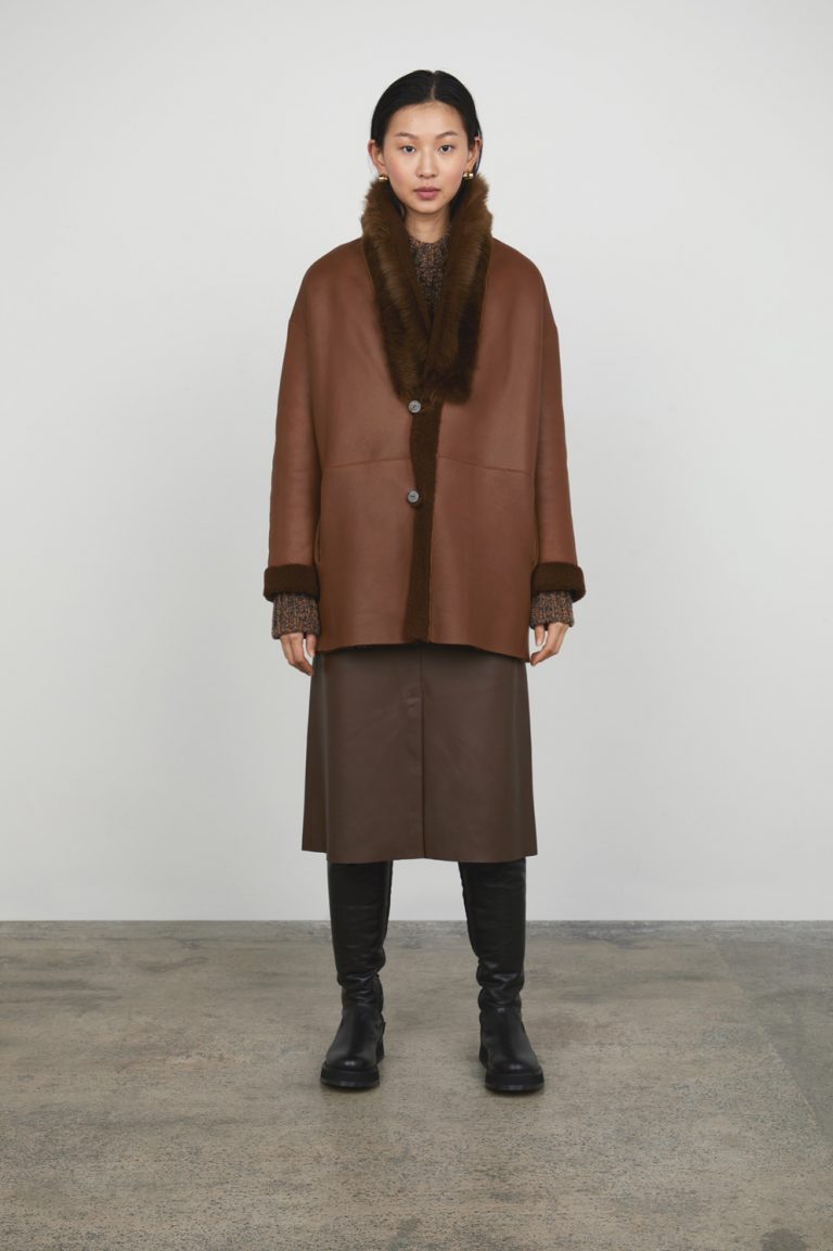 Chestnut Brown Short Shearling Taper Coat gushlow and cole womens shearling model coat reversed
