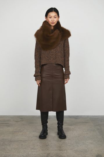 Chestnut Brown Two Button Shearling Shrug Scarf gushlow and cole womens shearling model front
