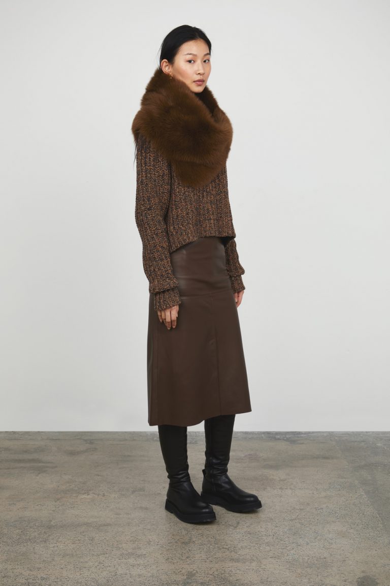 Chestnut Brown Two Button Shearling Shrug Scarf gushlow and cole womens shearling model side