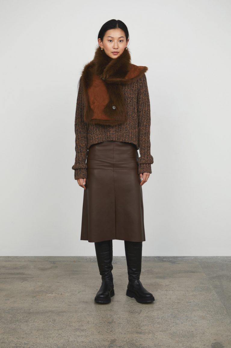 Chestnut Brown Two Button Shearling Shrug Scarf gushlow and cole womens shearling model front scarf reversed