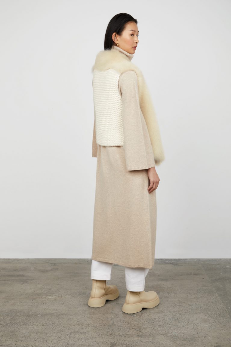 Cream Hand Knit & Shearling Gilet gushlow and cole womens shearling model full length back angle