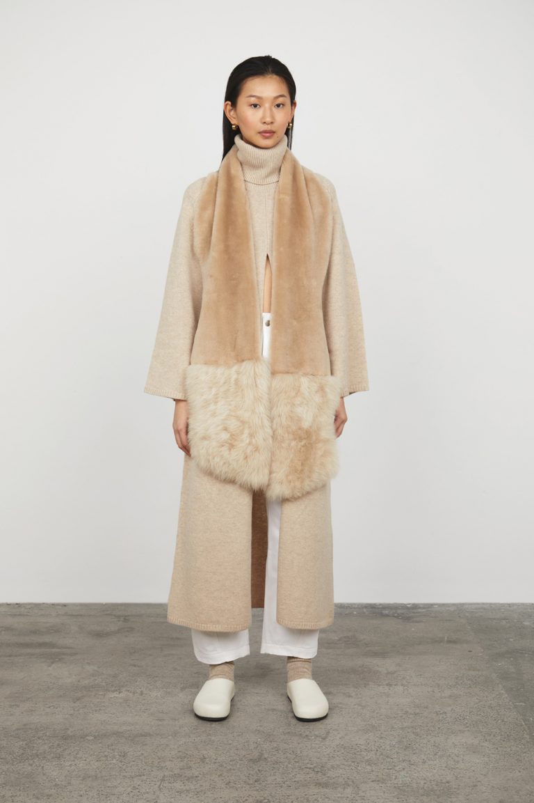Cream Mixed Textured Shearling Scarf gushlow and cole model scarf down
