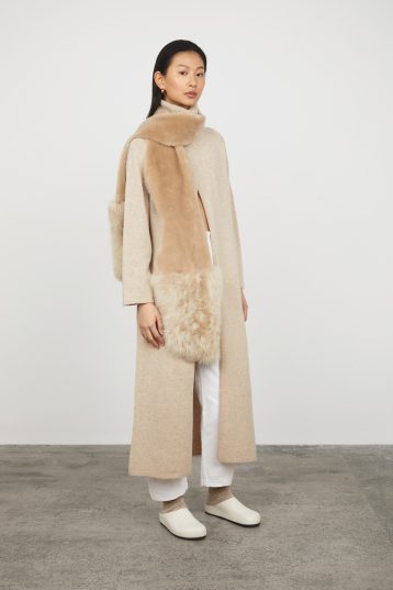 Cream Mixed Textured Shearling Scarf gushlow and cole model scarf over shoulder