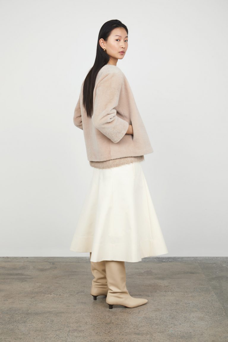 Cream Shearling Cardigan Jacket gushlow and cole - model full length back