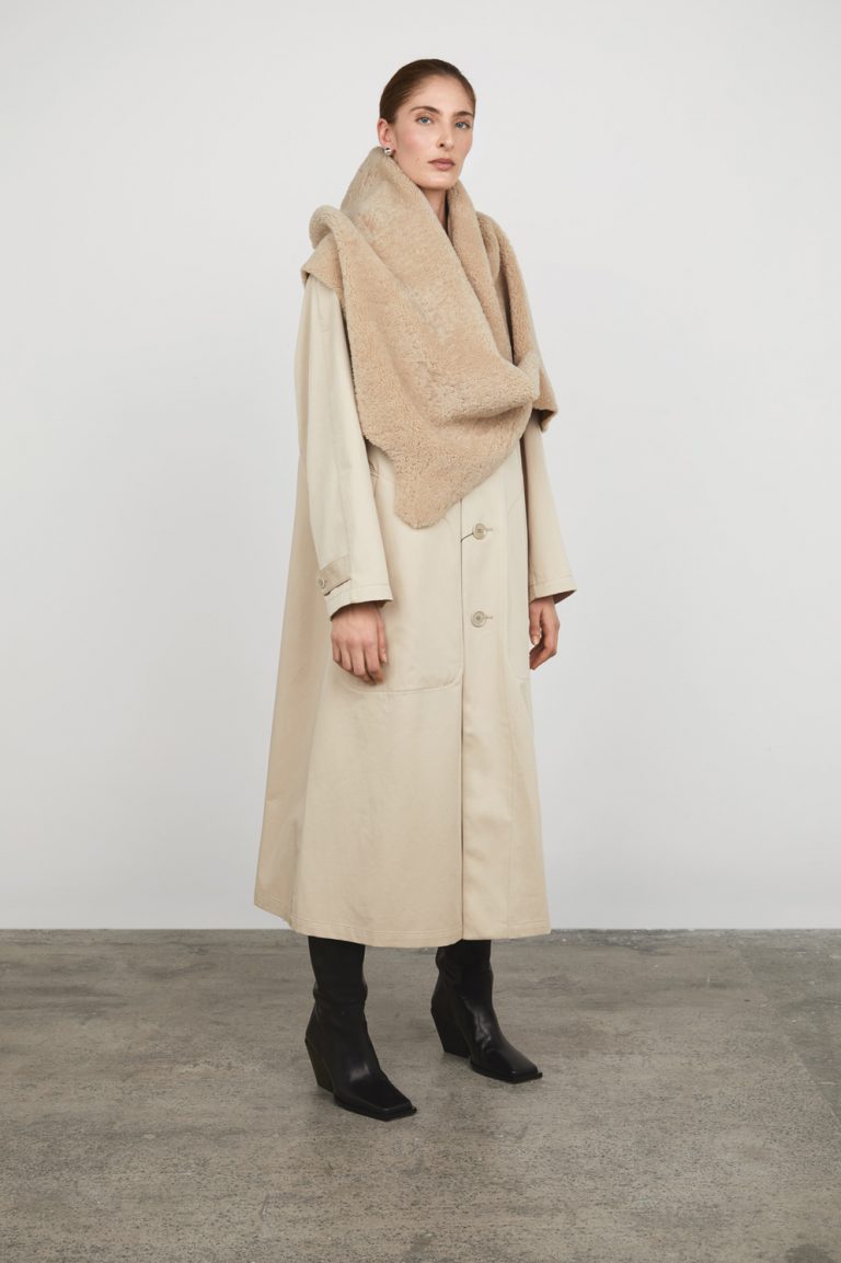 Cream Shearling Wrap Scarf gushlow and cole womens shearling model side