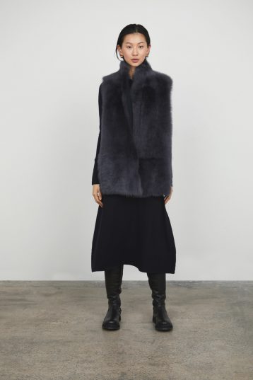Graphite Black Mid Length Natural Cut Mixed Shearling Gilet gushlow and cole womens shearling model front