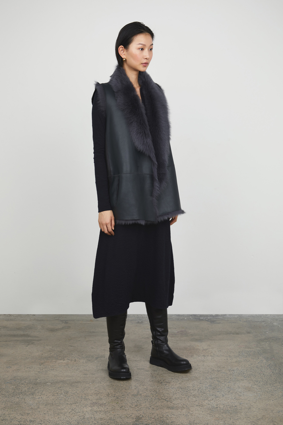 Graphite Black Mid Length Natural Cut Mixed Shearling Gilet gushlow and cole womens shearling model front wool in