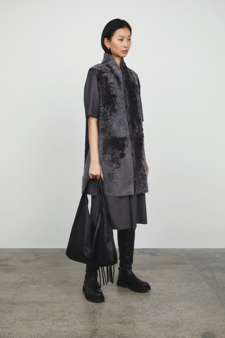 Grey Stand Collar Shearling Gilet womens shearling model with bag