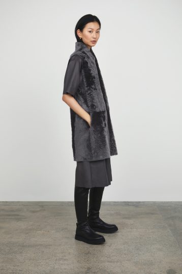 Grey Stand Collar Shearling Gilet womens shearling model side