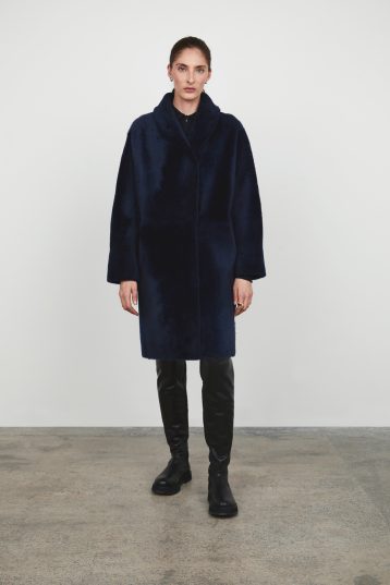Navy Neat Shearling Shawl Coat women shearling model front