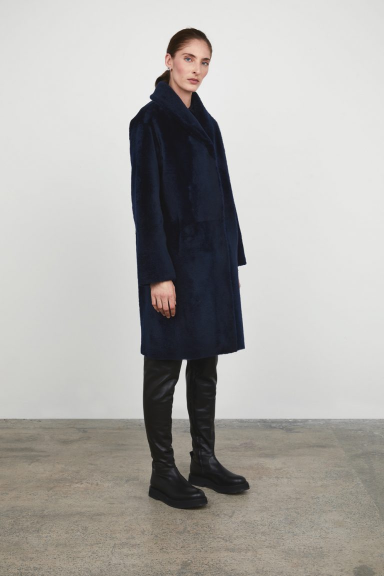 Navy Neat Shearling Shawl Coat women shearling model side
