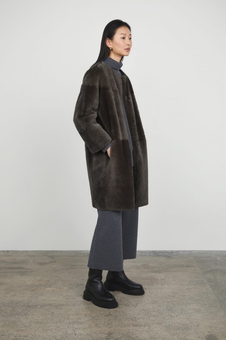 Storm Grey Collarless Shearling Coat gushlow and cole womens shearling model pockets