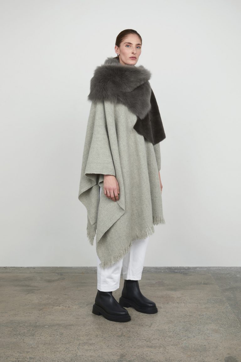 Storm Grey Mixed Shearling Wrap Scarf Gushlow and Cole womens shearling model side