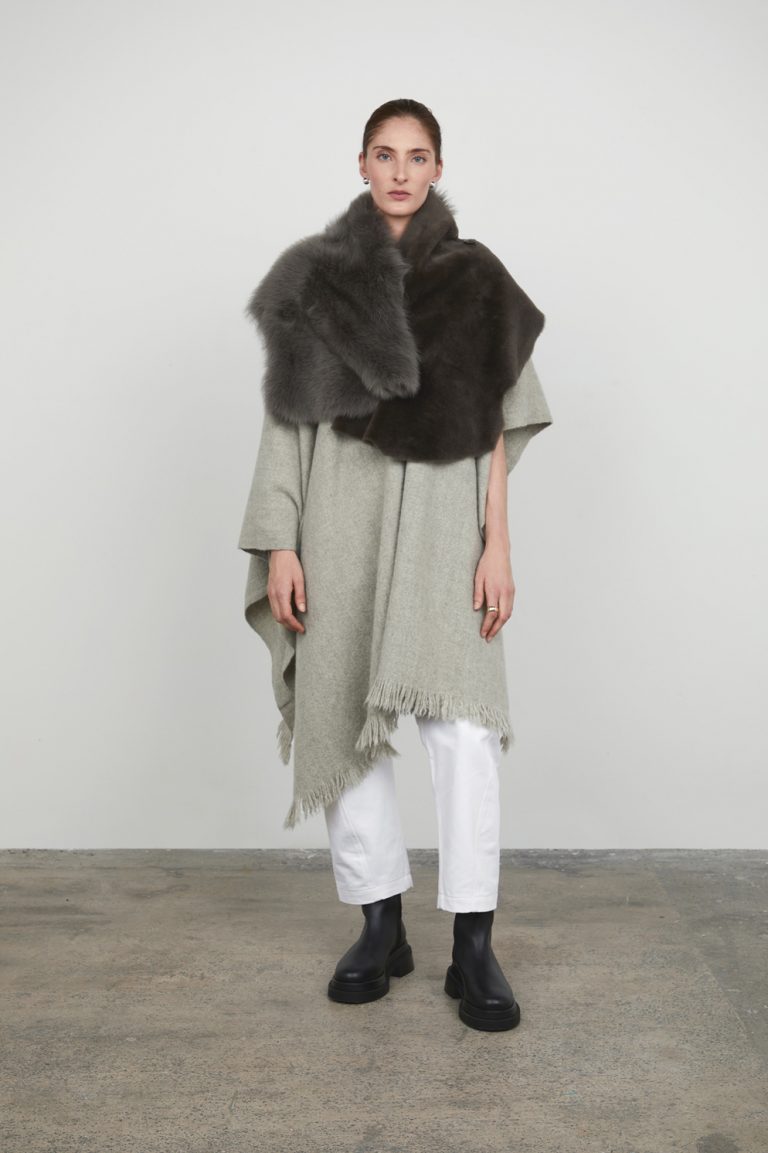 Storm Grey Mixed Shearling Wrap Scarf Gushlow and Cole womens shearling model front second button fixing