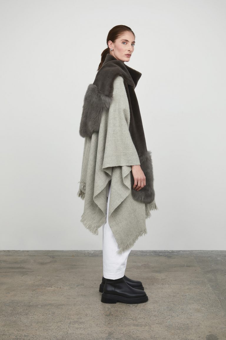 Storm Grey Mixed Textured Shearling Scarf womens shearling scarf over shoulder side