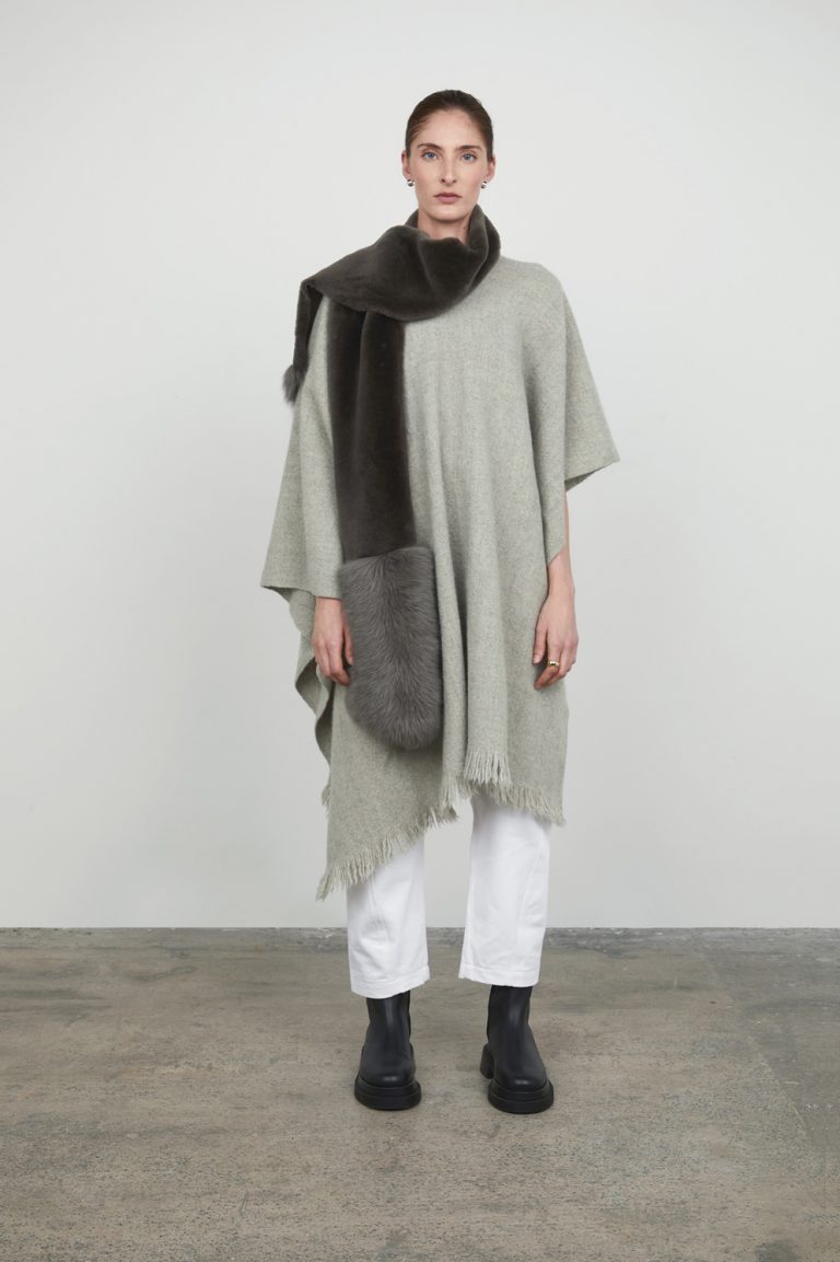 Storm Grey Mixed Textured Shearling Scarf womens shearling scarf over shoulder