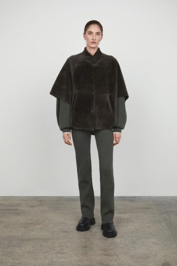 Storm Grey Shearling Cape Jacket gushlow and cole womens shearling model full length front
