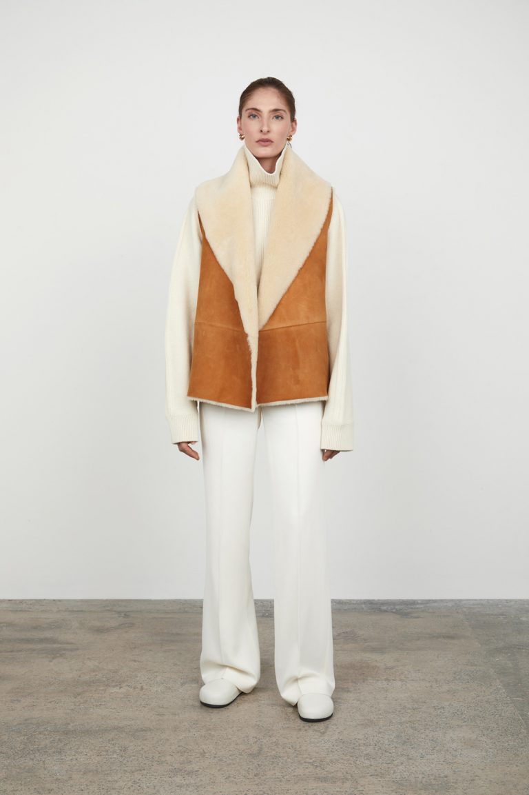 Tan & White Shawl Collar Shearling Wrap Gilet gushlow and cole - model full length front