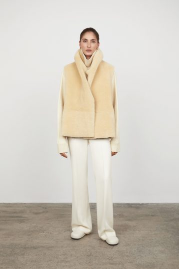 Tan & White Shawl Collar Shearling Wrap Gilet gushlow and cole - model full length wool out