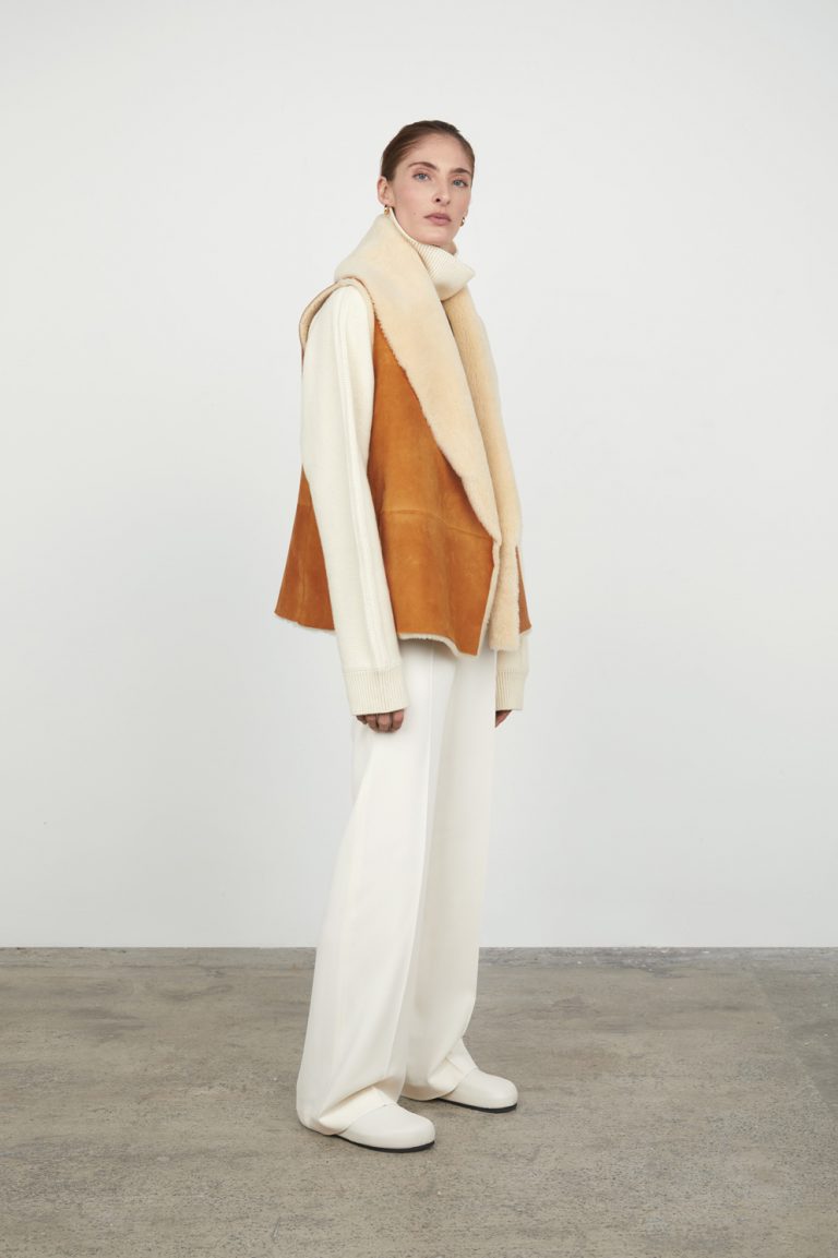 Tan & White Shawl Collar Shearling Wrap Gilet gushlow and cole - model full length side