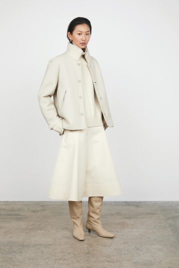 White Boxy Dropped Hem Shearling Jacket gushlow and cole womens shearling model full length side angle