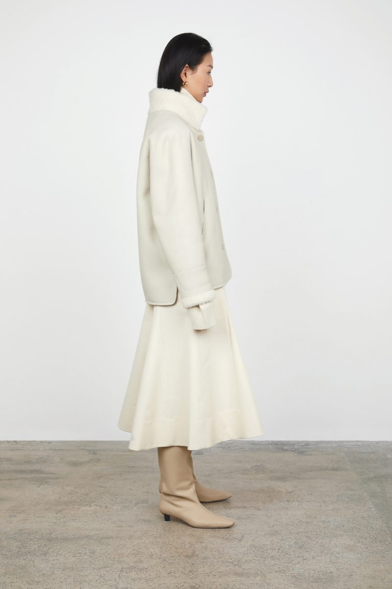White Boxy Dropped Hem Shearling Jacket gushlow and cole womens shearling model full length side