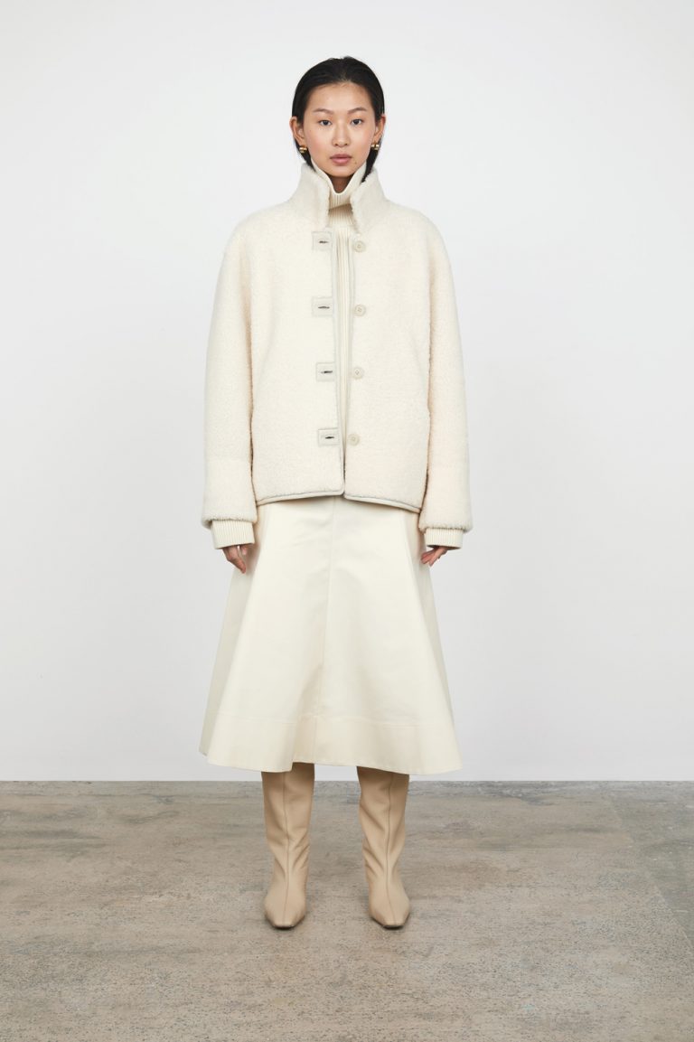 White Boxy Dropped Hem Shearling Jacket gushlow and cole womens shearling model full length front