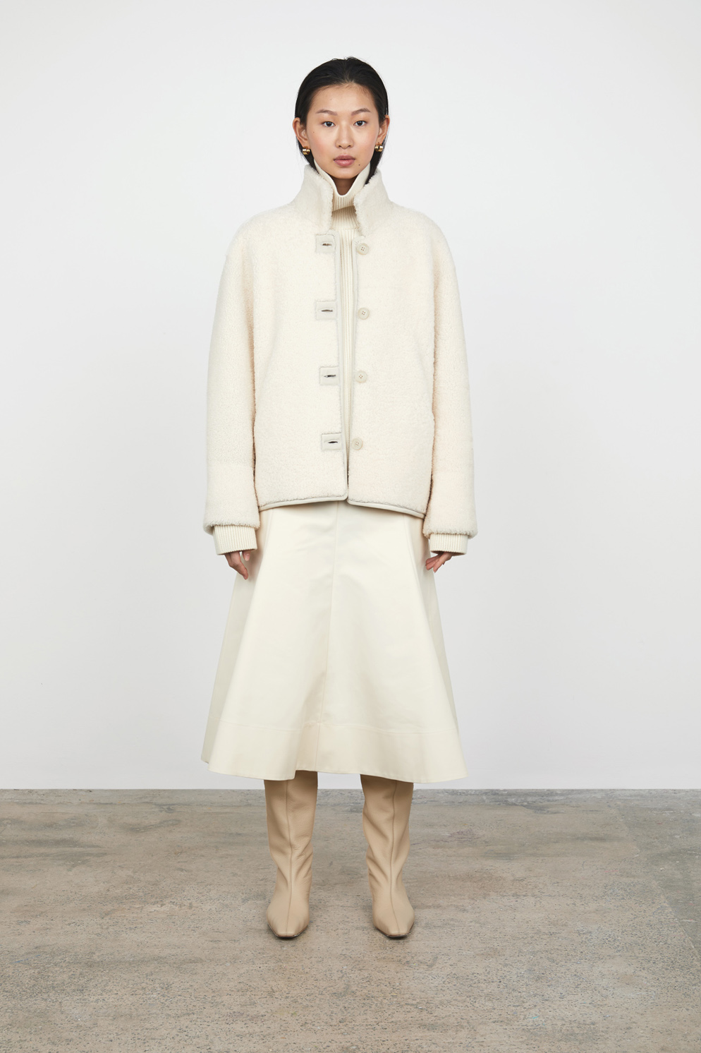 White Boxy Dropped Hem Shearling Jacket gushlow and cole womens shearling model full length front