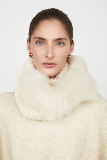 White Hand Knit Shearling Snood gushlow and cole womens shearling model crop