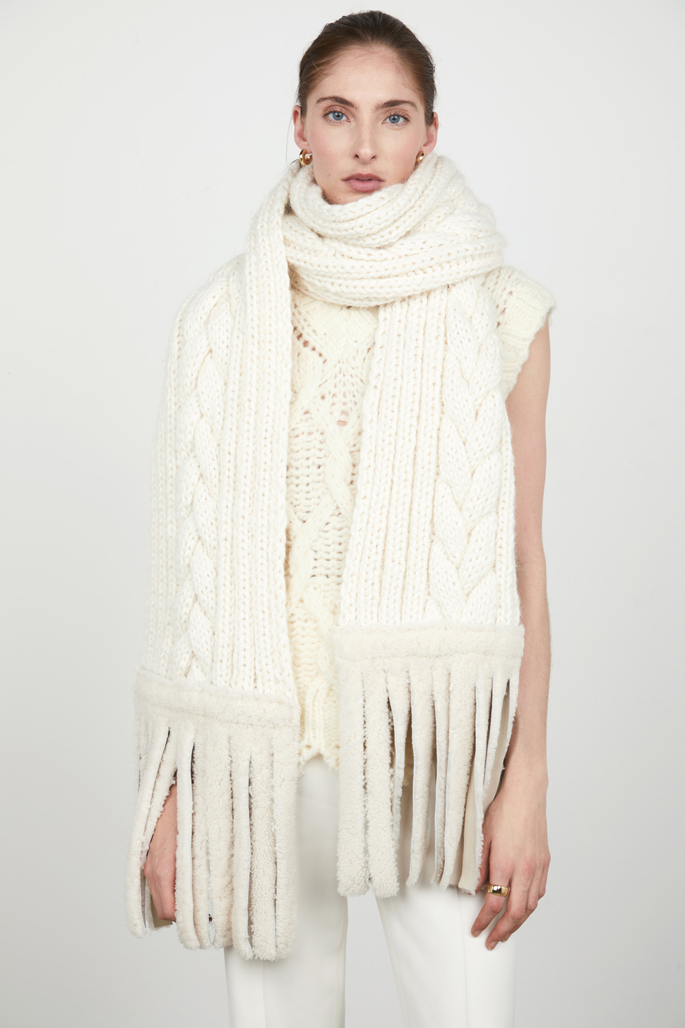 White Long Knitted Scarf with Shearling Fringe gushlow and cole womens shearling model scarf wrapped