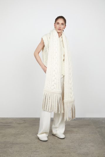 White Long Knitted Scarf with Shearling Fringe gushlow and cole womens shearling model scarf down