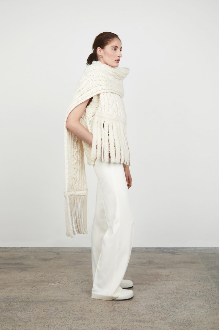 White Long Knitted Scarf with Shearling Fringe gushlow and cole womens shearling model scarf over shoulder
