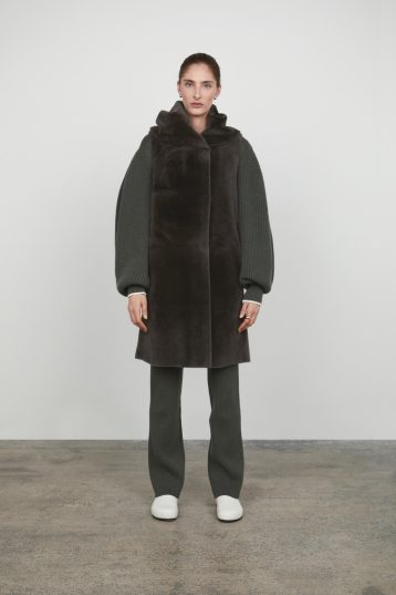 storm grey Longline Hooded Shearling Gilet gushlow and cole womens shearling model front
